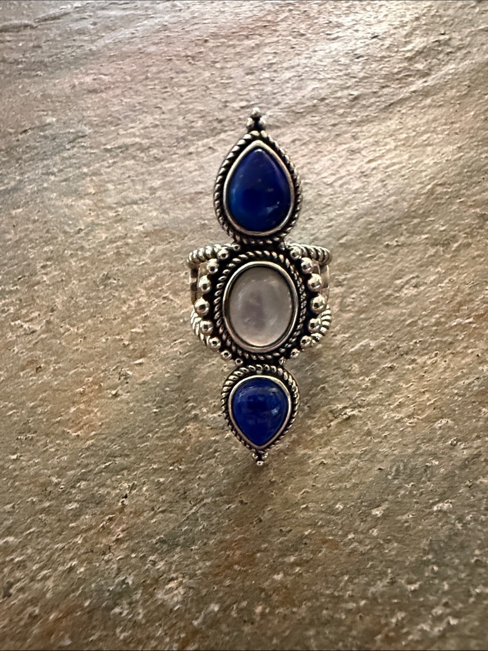 Sterling Silver Three-Stone Blue and White Teardrop Ring - NEW!